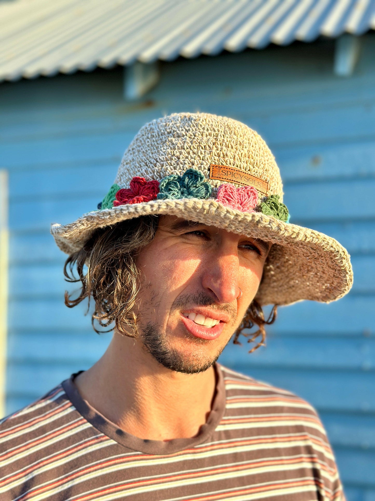 Beige Hemp Hat - Floral Brim.