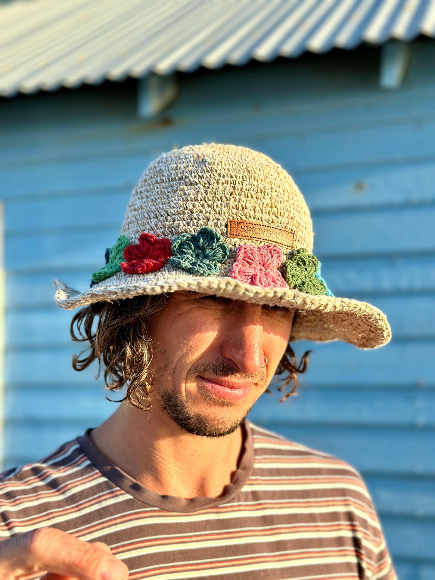 Beige Hemp Hat - Floral Brim.