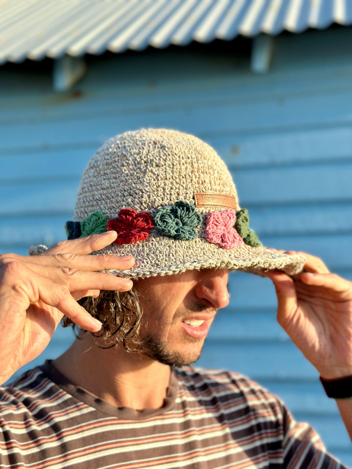 Beige Hemp Hat - Floral Brim.
