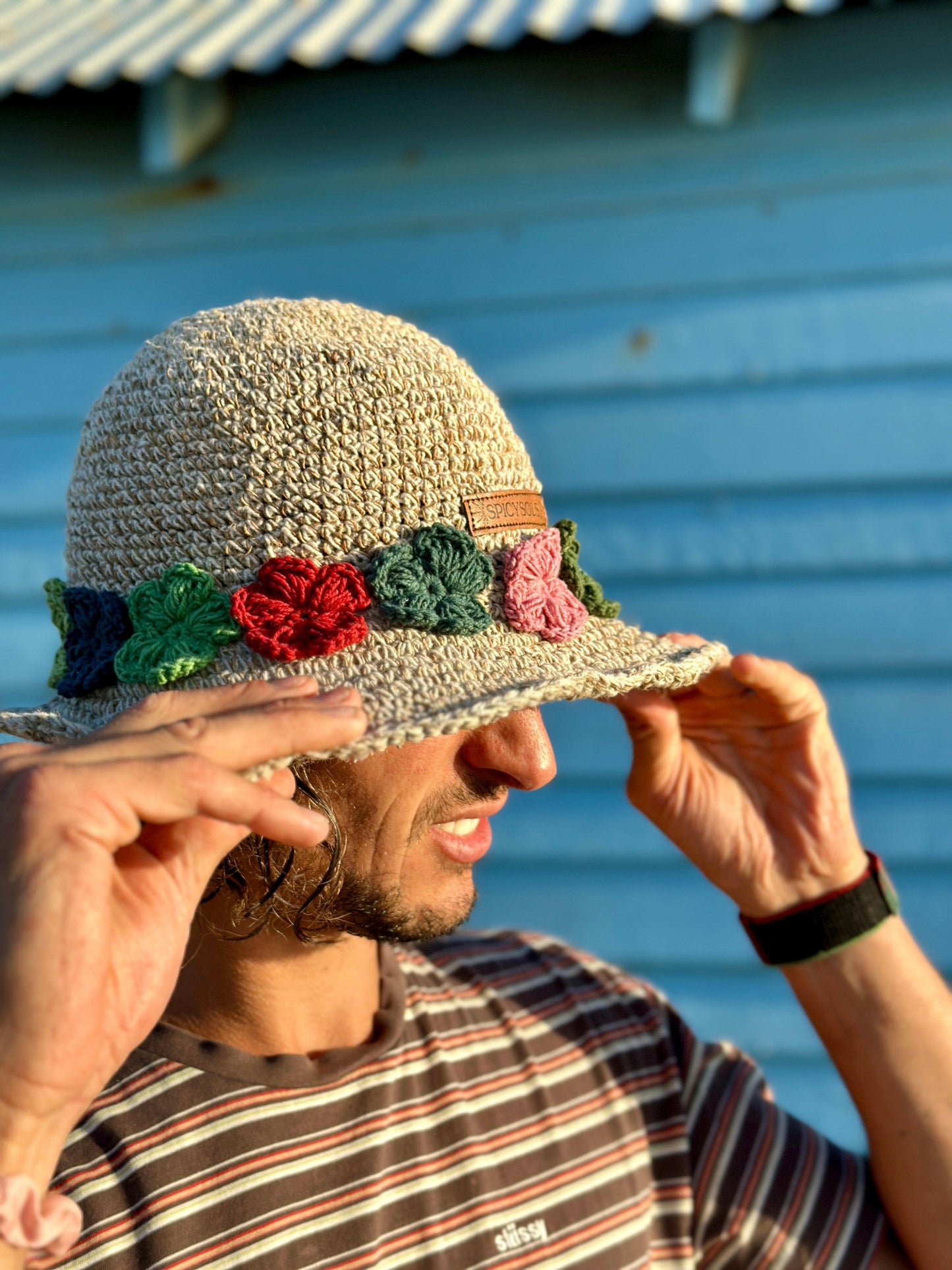 Beige Hemp Hat - Floral Brim.