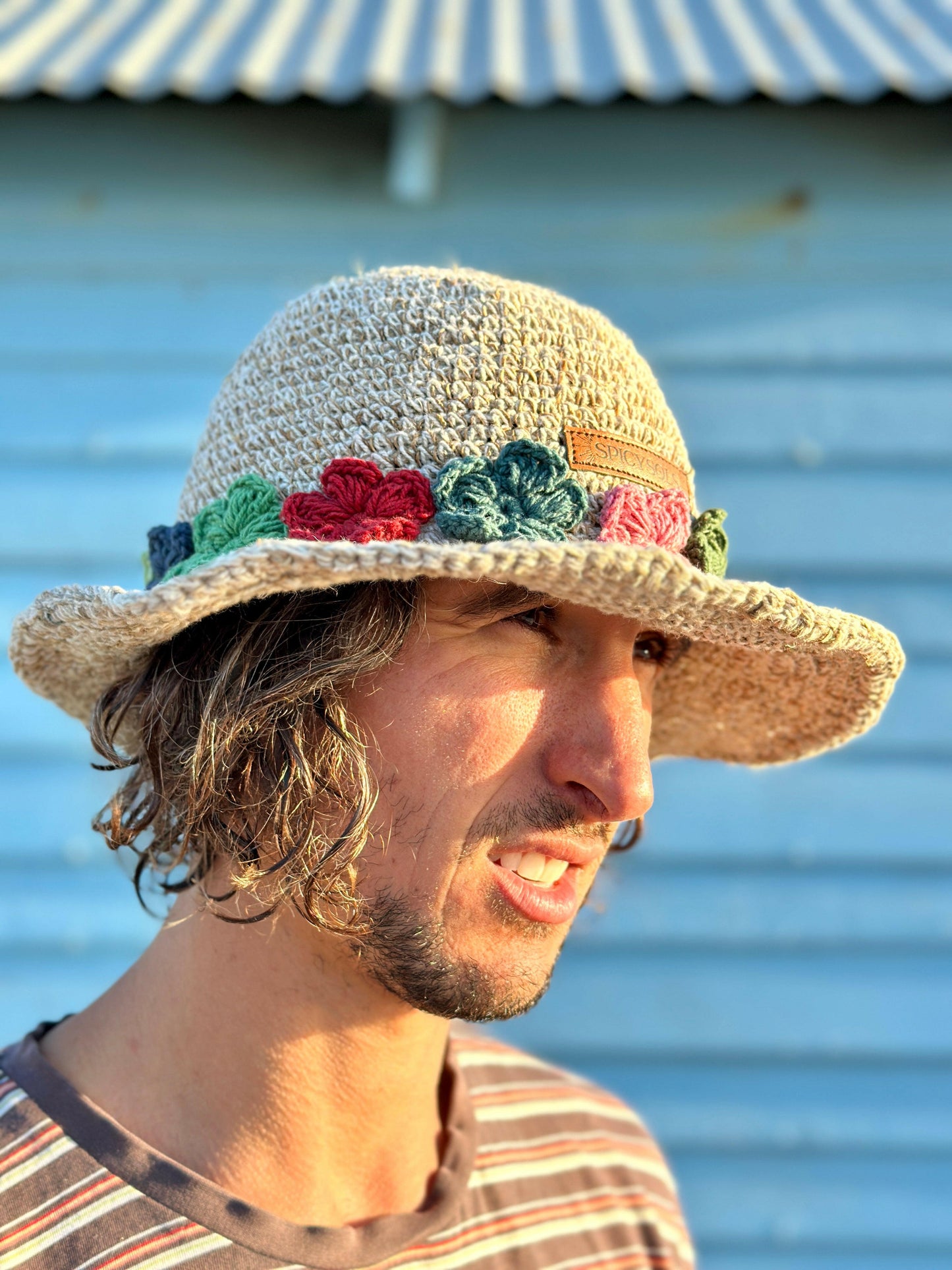 Beige Hemp Hat - Floral Brim.