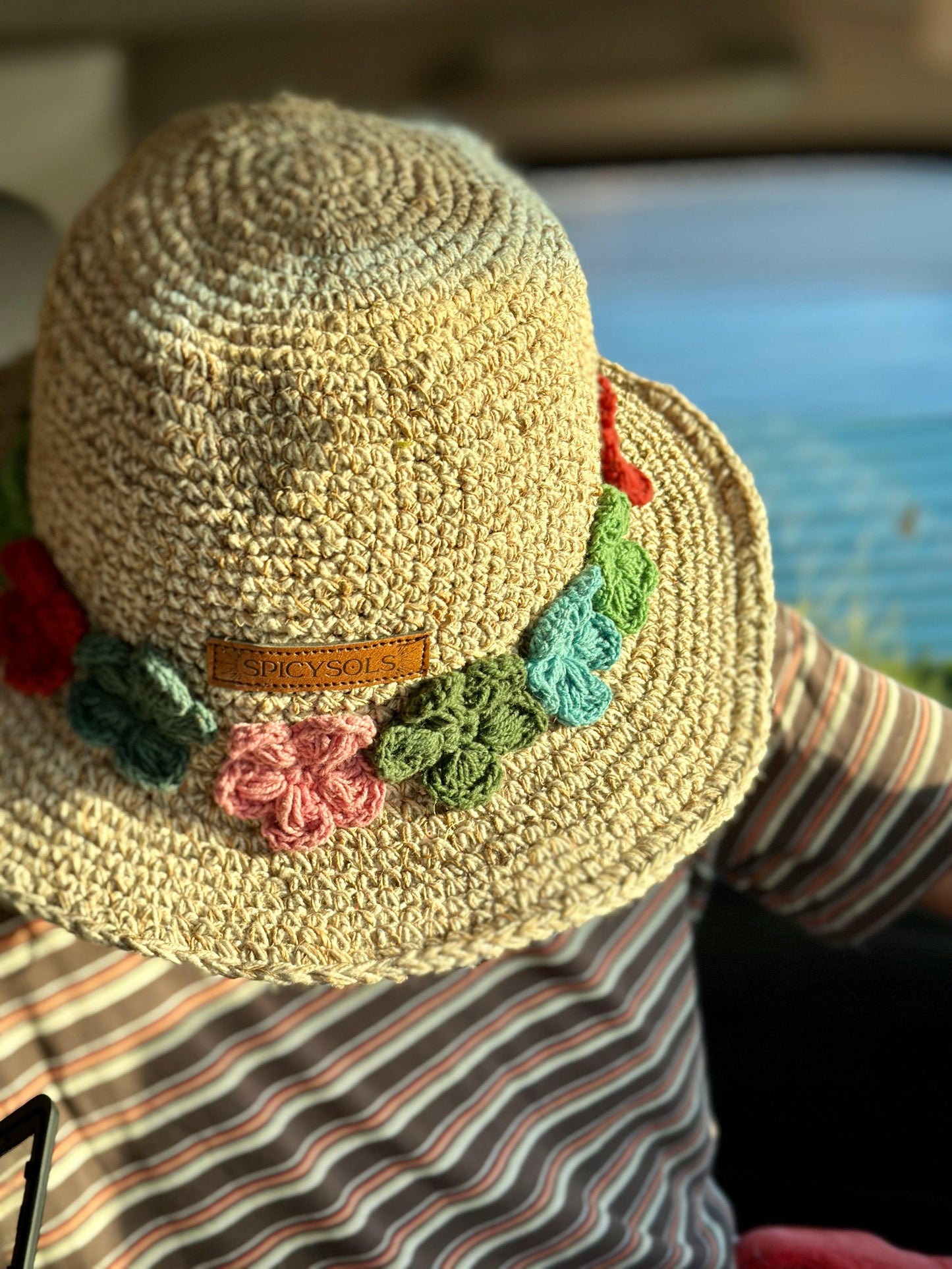 Beige Hemp Hat - Floral Brim.