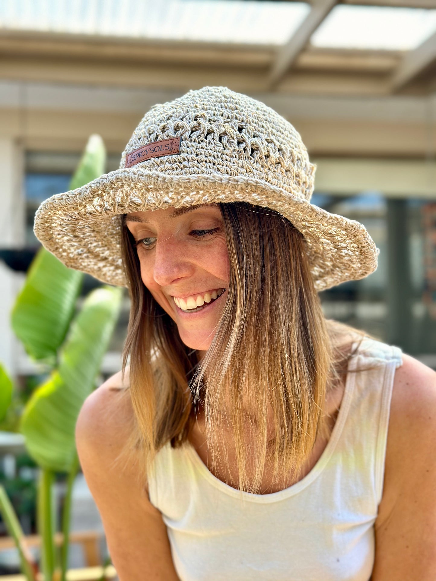 Beige Hemp Hat - Crochet brim.