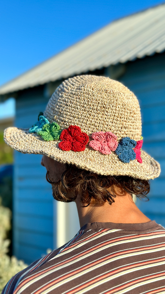 Beige Hemp Hat - Floral Brim.