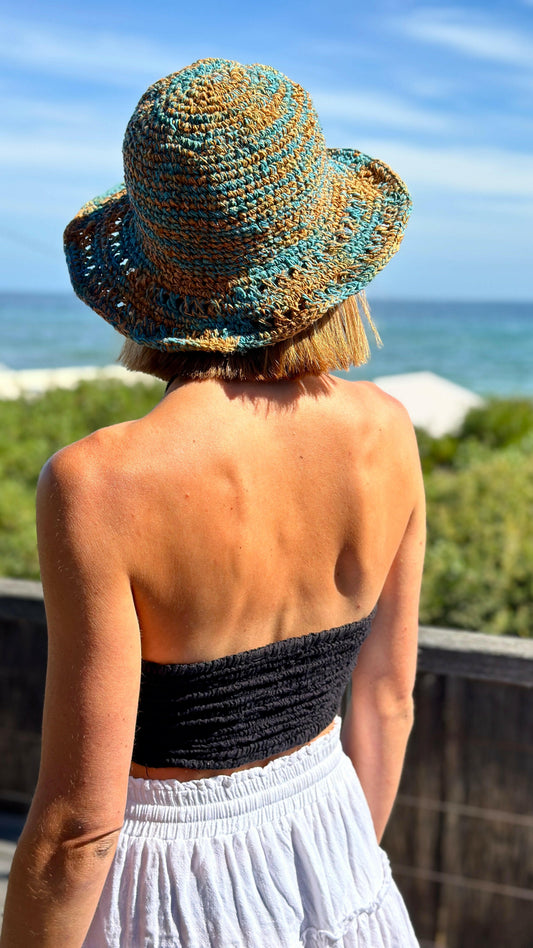 Hemp Hat - Blue/Orange Crochet.