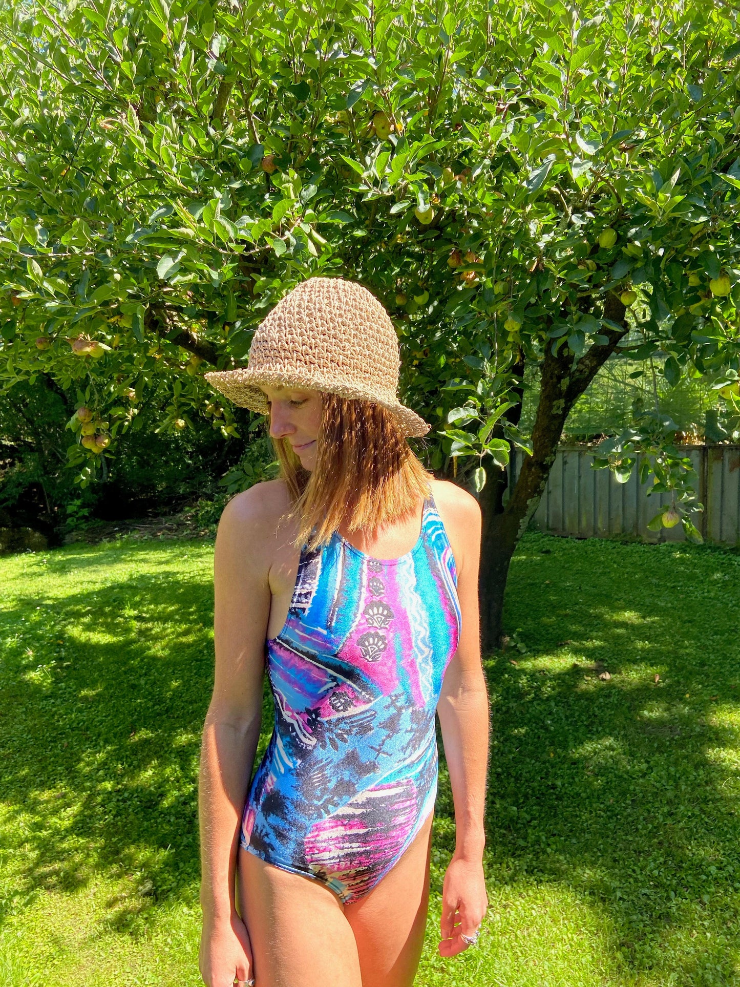 Vintage Pink and Blue Seashell Swimsuit.